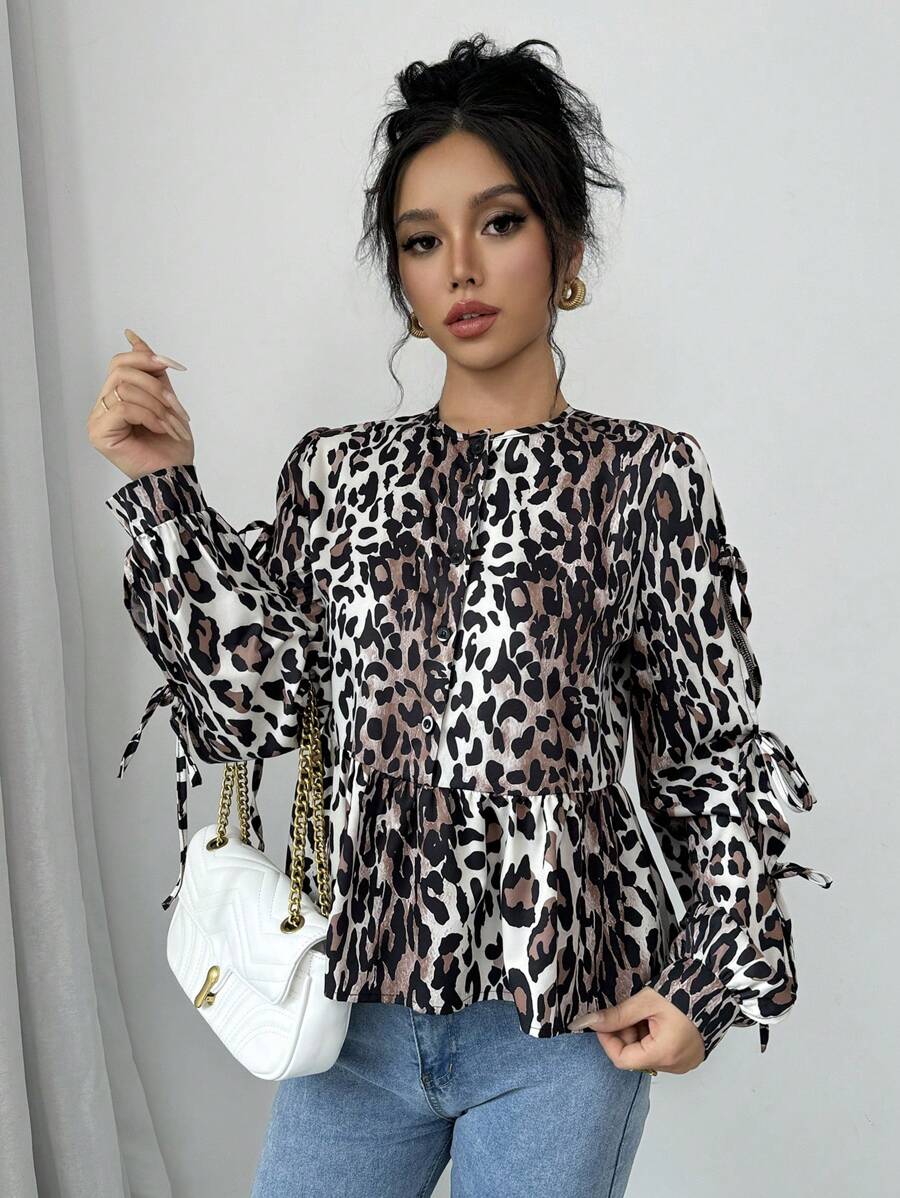 Chiquease Damen Rundhals Langarm Krawattenoberteil mit modischen Knöpfen, sanfter Leopardenmuster Bluse Damen Hemd