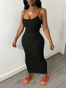 Slaydiva Vestido Casual de Rua Sexy Básico Cinza Canelado com Alças Finas para Mulheres - Preto - Visão 3