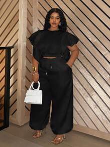 Slaydiva 休闲高端大码女式缎面荷叶边袖哈伦裤两件套 - Z