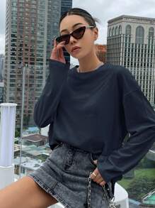 DAZY Áo thun dài tay trễ vai màu trơn, mùa xuân và thu - Màu xanh hải quân - Xem 4