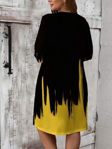 SHEIN LUNE Vestido informal con mangas largas, cuello redondo, longitud por debajo de la rodilla, con bolsillos laterales, estampado degradado de girasol y flores, talla grande, otoño - Negro - Ver 2