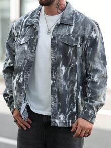 Manfinity Homme Plus Size Men's Random Print Long Sleeve Denim Jacket - Dark Grey - View 5
