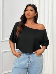 CovetEZ Plus Size Basic Loose Fit Dropped Shoulder Short Black Tee - Black - View 4