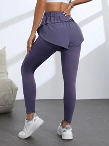 SHEIN Dewbera Women's Solid Color Elastic Waist 2 In 1 Running Leggings, Gym Clothes Yoga Pants - Purple - View 2