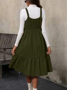 SHEIN Clasi 女式夏季纯色休闲连衣裙，带纽扣装饰和荷叶边下摆，无袖长款女装 - 軍綠色 - 查看 2