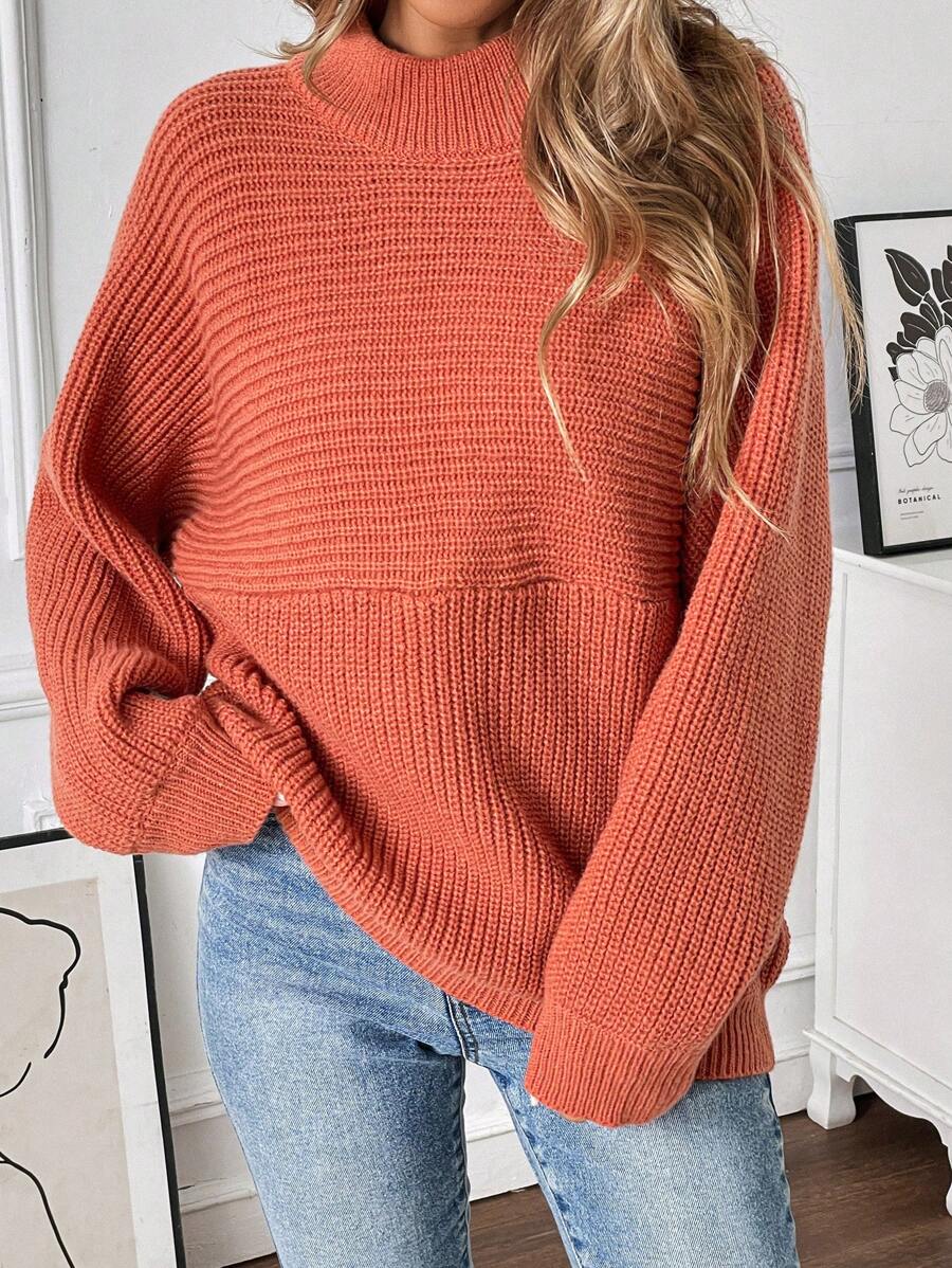 Chiquease كنزة صوفية كاجوال بأكمام خفاش كبيرة الحجم ذات لون أحادي، رقبة دائرية، للخريف/الشتاء، بلوزة محبوكة - لون برتقالي - مشاهدة 1