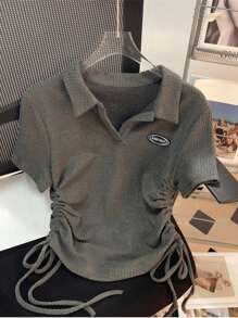 INAWLY Women's Minimalist Daily Wear Short Sleeve Top - Dark Grey - View 4