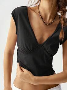 Bohemela 女士棉质 V 领无袖“度假” T 恤，黑色短款上衣 - 黑色 - 查看 3