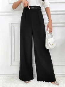 Modelyn Women's Solid High Waist Wide Leg Loose Casual Office Trousers In Fall/Winter - Black - View 4