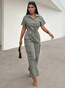 Zolique Women's Solid Color Front Button Jumpsuit With Pockets, Short Sleeves, Summer