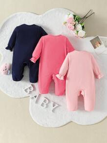 3pcs/Set Infant Girls' Minimal Style Moon & Polka Dot Print Pink, Watermelon Pink And Black Long Sleeve Jumpsuit Pajama Set