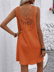 Breezaya 女士纯色简约无袖休闲连衣裙 - 橘色 - 查看 3