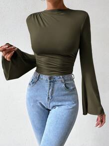 SHEIN Women's Solid Color Simple Casual Flared Sleeve Bodysuit Fall Cloth For Women - Army Green - View 4