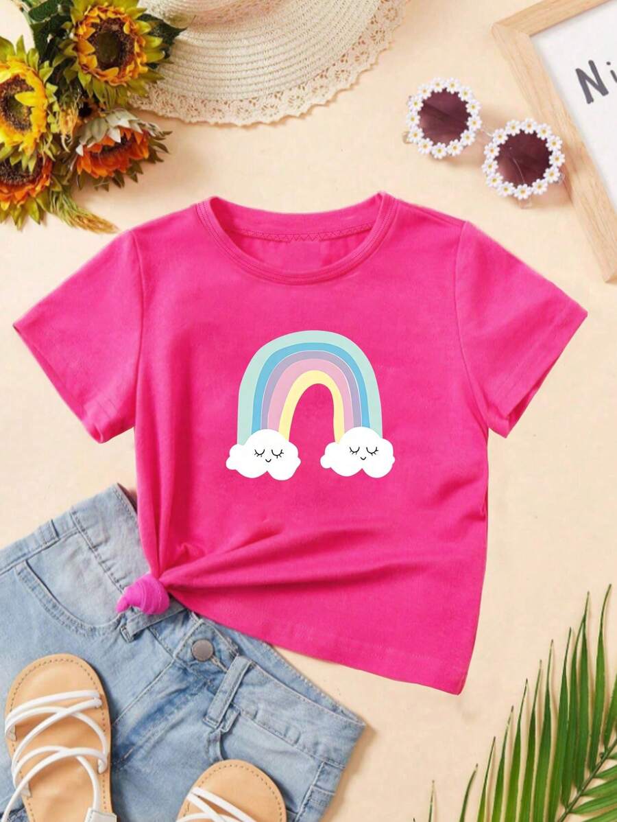 SHEIN Young Girlv Casual Smiling Rainbow Print Crew Neck T-Shirt Summer Holiday - Hot Pink - View 1