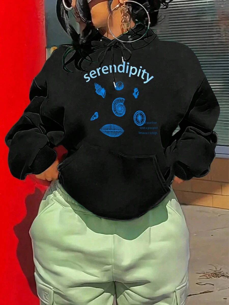 Letter Graphic Kangaroo Pocket Drawstring Thermal Lined Hoodie - Black - View 1