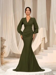 Faeriesty Elegant Cross-Over V-Neck Lantern Sleeve Mermaid Hem Dress - Sophisticated Timeless Design For Spring/Summer Weddings, Galas, Red Carpet Bridesmaid Dress