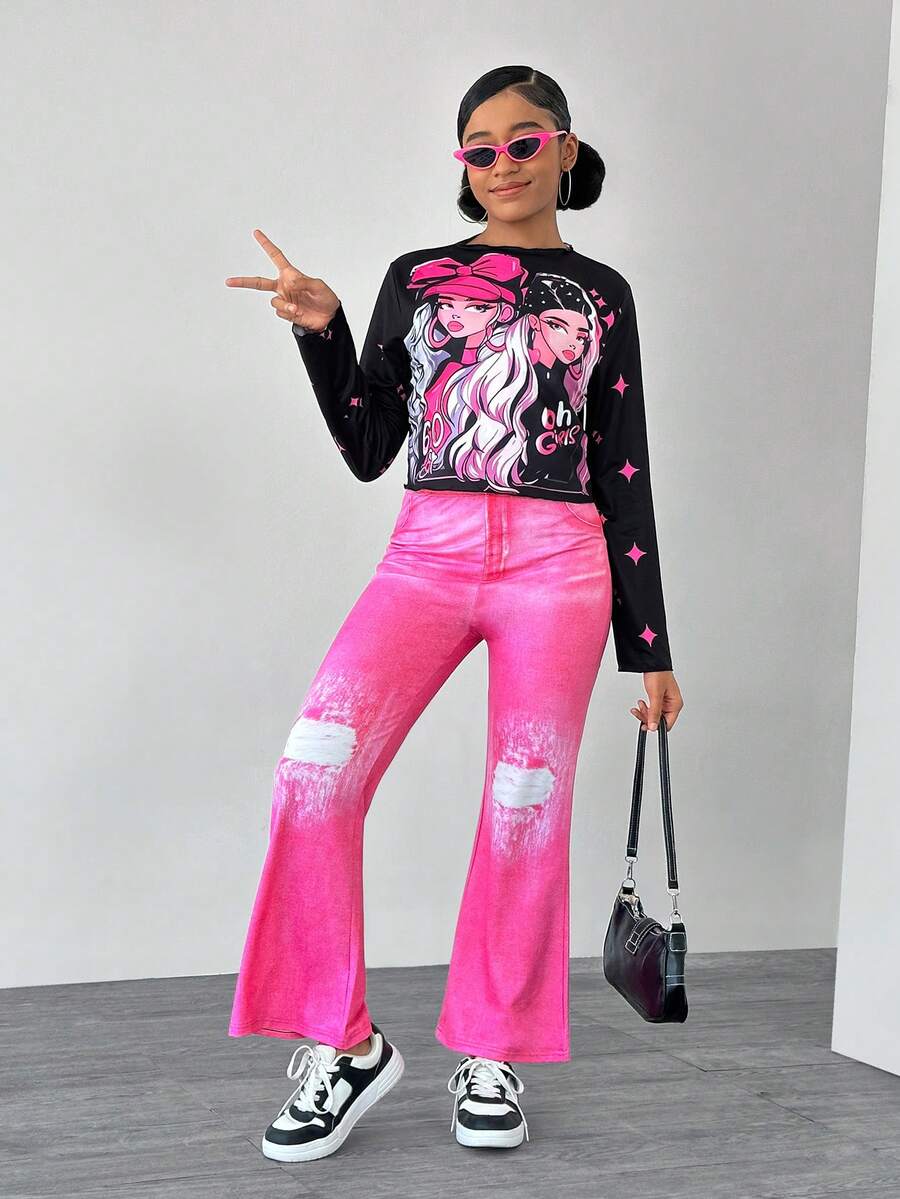 SHEIN Explorewe 2 件青少年女孩时尚花卉印花长袖上衣和牛仔效果喇叭裤套装,春秋季 - 粉色 - 查看 1