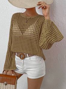 Breezaya Áo len chui đầu cổ tròn tay dài màu trơn rỗng tối giản giản dị - Lạc đà - Xem 4