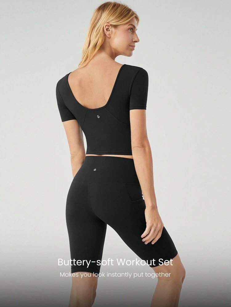 2 Pieces FeatherFit™ U-Back Cropped Active Tank & 4.3" Tummy Control Biker Shorts Set Low Impact Yoga Pilates Daily