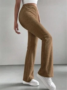 Women's Solid Color Ribbed Flared Casual Pants - Brown - View 6
