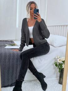 EMERY ROSE Áo len cardigan nữ màu trơn đơn giản, áo dài tay - Màu xám đen - Xem 4