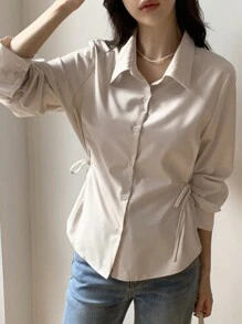 DAZY Camisa de mujer de unicolor, estilo de negocios casual con cuello de solapa, manga larga y cintura ceñida, ropa de otoño