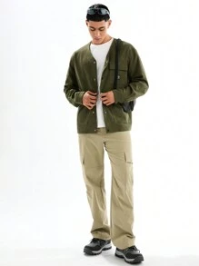 Manfinity VCAY 男士时尚休闲绿色修身长袖梭织夹克，秋冬装 - 軍綠色 - 查看 6