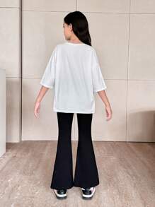 SHEIN 2 peças/Conjunto Camiseta de Manga Curta com Fenda Alta e Estampa de Letra e Legging Casual Solta para Meninas Pré-Adolescentes