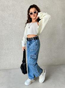 SHEIN Tween 女童休闲针织长袖开衫夹克