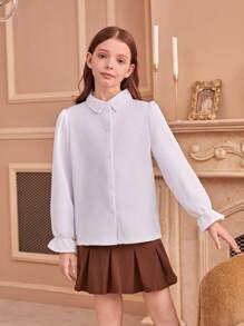SHEIN Tween Girls Korean Style School Uniform Asymmetrical Ruched Cuff Shirt And Pleated Sweet Mini Skirt Set - Multicolor - View 7