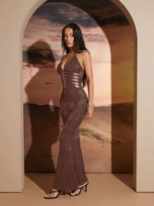 Hauture Sophisticated Lace Bodycon Dress With Halter Neckline And Strappy Cutout Detailing