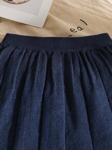 Young Girl Solid Color Knit Pleated Skirt Sweater, Spring & Fall - Navy Blue - View 5
