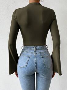 SHEIN Women's Solid Color Simple Casual Flared Sleeve Bodysuit Fall Cloth For Women - Army Green - View 3