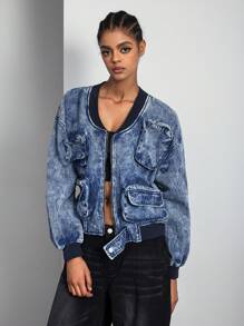 SHEIN ICON Women Zip-Up Long Sleeve Pocketed Fashionable Street Style Denim Jacket Fall Women Clothes