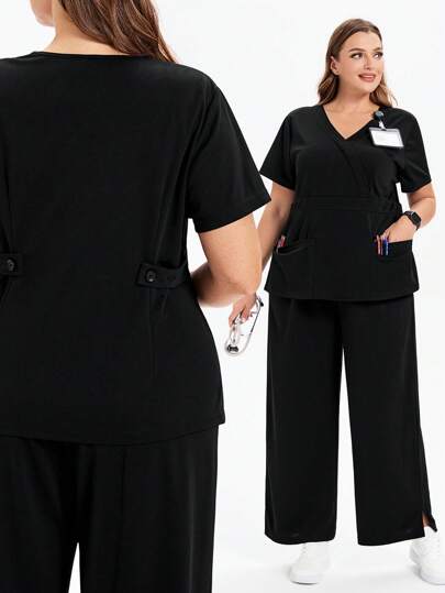 TaskEZ Plus Size Women's Summer Solid Color V-Neck Loose Uniform Black Set, Scrub Set,Two-Piece Work Set With Top And Trousers
