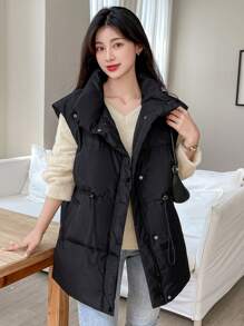 DAZY Women's Winter Casual Solid Color Stand Collar Drawstring Waistcoat Padded Coat , Black Vest ,Winter Women Clothes,Winter Coat Women Jacket - Black - View 12