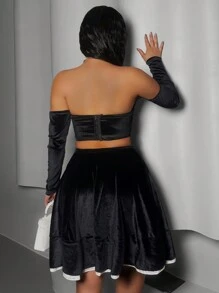 Zolique 2 piezas Conjunto de top corto sin mangas y falda con bloqueo de color, volantes y ribete de terciopelo