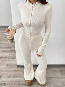 SHEIN EZwear Damen gestrickter Freizeitanzug in Aprikotfarbe, zweiStücke Outfit-Set für den Herbst - Aprikosenfarben - Übersicht 6