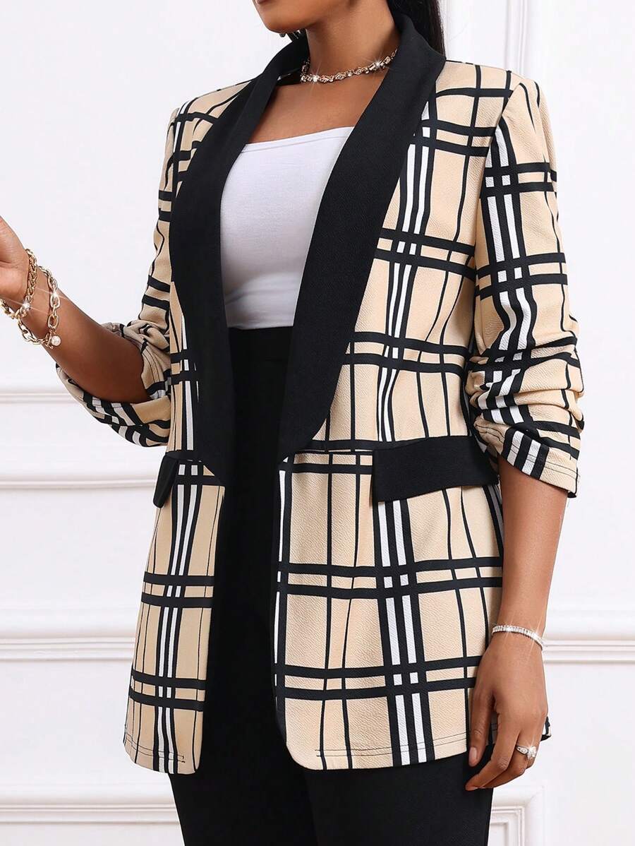 SHEIN Lady 新品秋冬优雅黑色针织长袖工作女装两件套大码毛绒外套冬装商务休闲女装冬季外套节日装外出上衣格子夹克