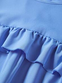 SHEIN Unity Vestido de manga corta de verano con cuello redondo y ribete con volantes - Azul - Ver 7