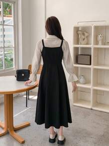 DAZY Vestido corto elegante de manga larga con solapa a color, vestido de camisa con volantes