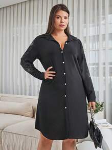 RueChic Women's Plus Stone Detailed Long Sleeve Shirt Dress - Black - View 3