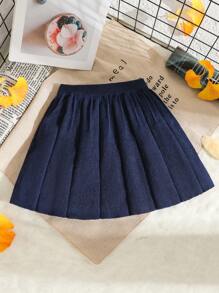 Young Girl Solid Color Knit Pleated Skirt Sweater, Spring & Fall - Navy Blue - View 2