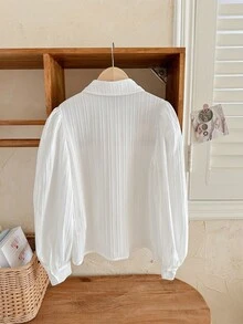 SHEIN Essnce 女士休闲时尚白色纯色泡泡袖休闲宽松衬衫长袖衬衫女衬衫亲子装衬衫工作女衬衫秋季衬衫文艺复兴衬衫商务休闲女衬衫秋季女装 - 白色 - 查看 7