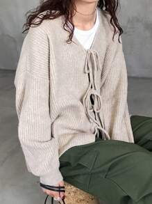 FRIFUL Áo khoác cardigan dệt kim nơ cho nữ có lớp lót giữ nhiệt, dày, mùa thu đông - Màu be - Xem 2