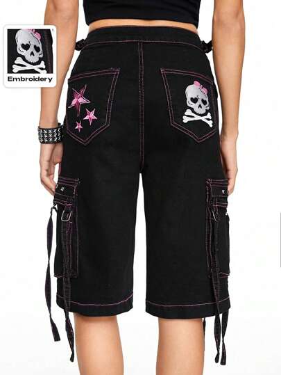 Grunge Punk Shorts vaqueros tipo bermuda para mujer con diseño de calavera bordada con estrellas de metal, ropa de trabajo, escuela