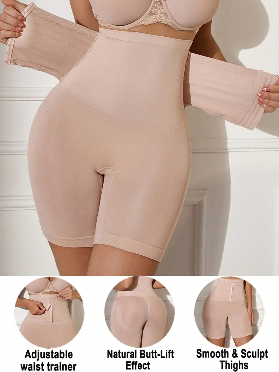 1pc Seamless High Waist Abdomen Control Slimming Shorts With Front Hook Closure - Apricot - View 1