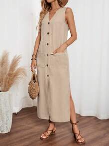 SHEIN LUNE 亚麻面料 V 领前纽扣无袖连衣裙，带口袋，女式长款服装 - 卡其色 - 查看 6