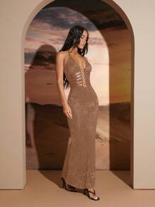 Hauture Sophisticated Lace Bodycon Dress With Halter Neckline And Strappy Cutout Detailing