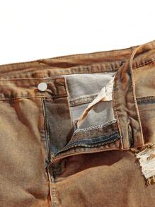 Manfinity LEGND Plus Size Men's Khaki Color Skinny Jeans, Frayed Jeans Plain Slim Fit Long Khaki Ripped Cargo Jeans, For Husband, Boyfriend Gifts